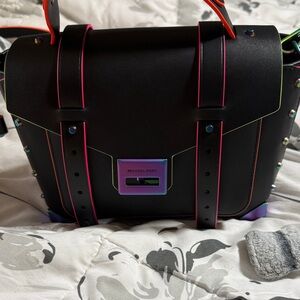 Michael Kors Medium Manhattan Black Satchel with Neon Pink and Lime Trim